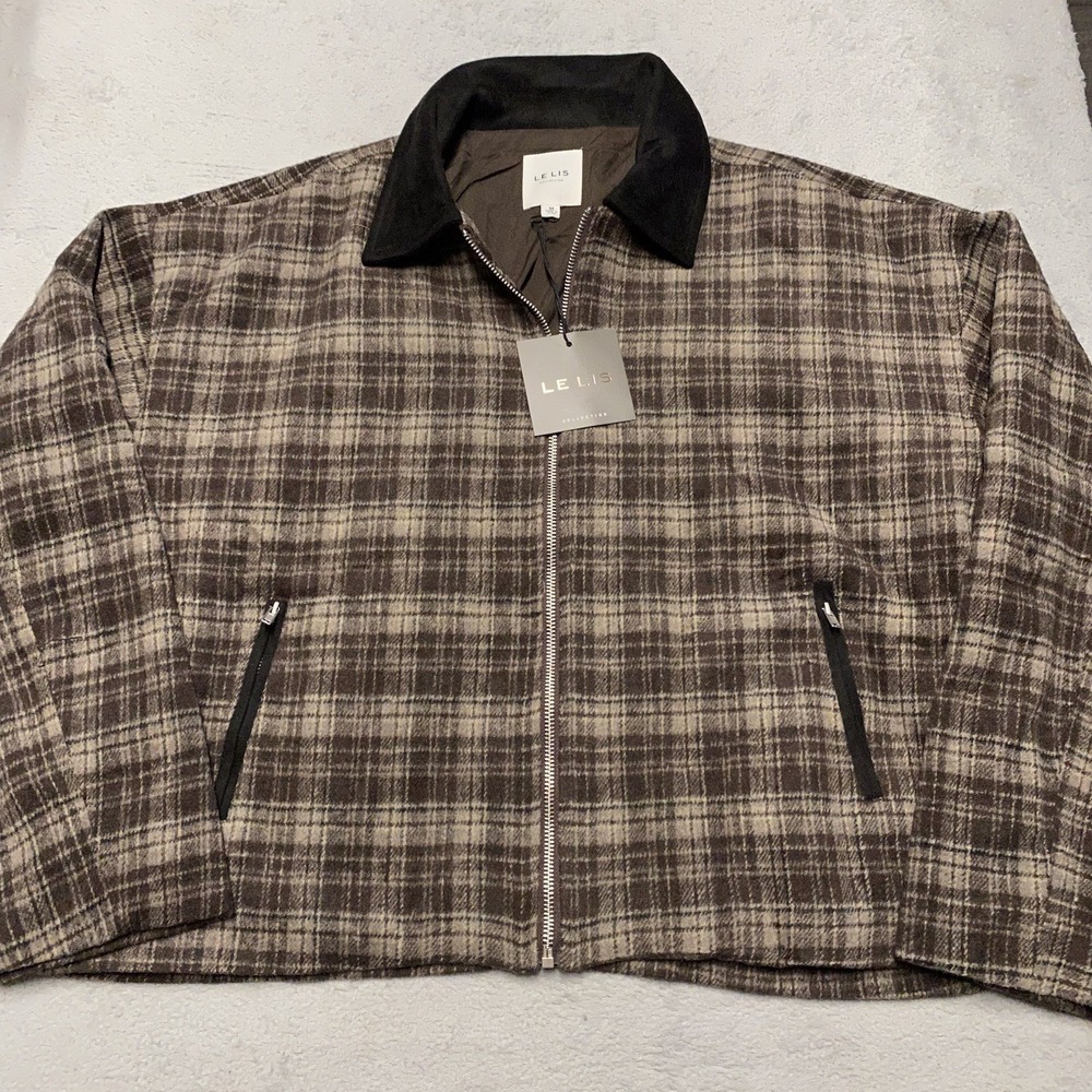 Le Lis Jacket‎ Medium Brown Plaid Work Pockets Zip NEW